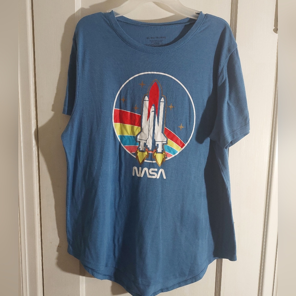 Blue Nasa Rocket Ship Rainbow Stars T- Shirt Size XL Pride Space Mad Engine